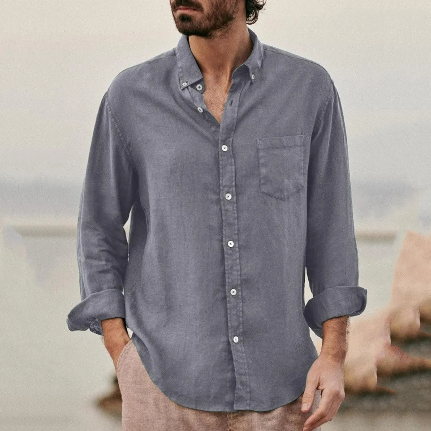 Ymosrh Men's Shirts Fashion Casual Long Sleeve Cotton Linen Solid Color T-Shirt Top Blouse Shirts, S-2XL