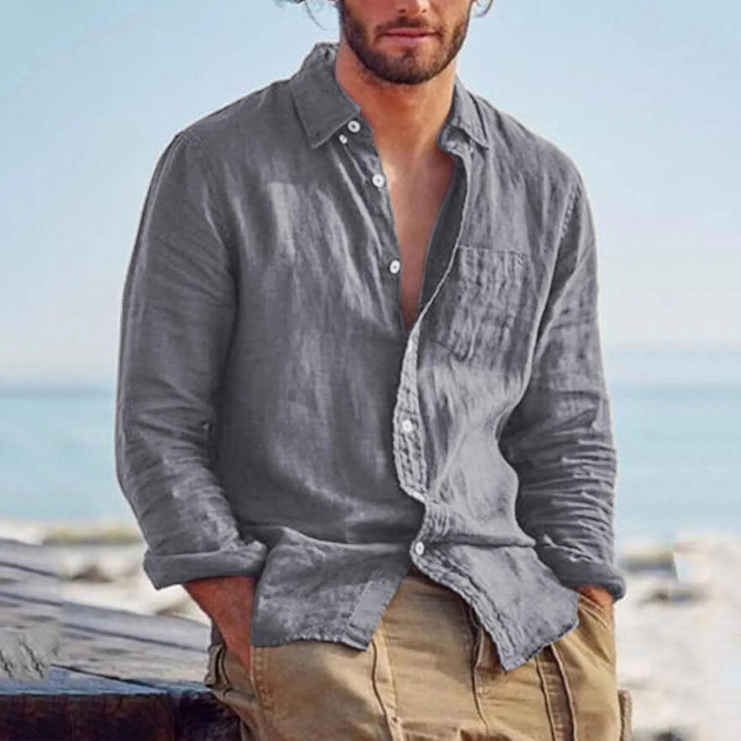 Ymosrh Men's Shirts Fashion Casual Long Sleeve Cotton Linen Solid Color T-Shirt Top Blouse Shirts, S-2XL