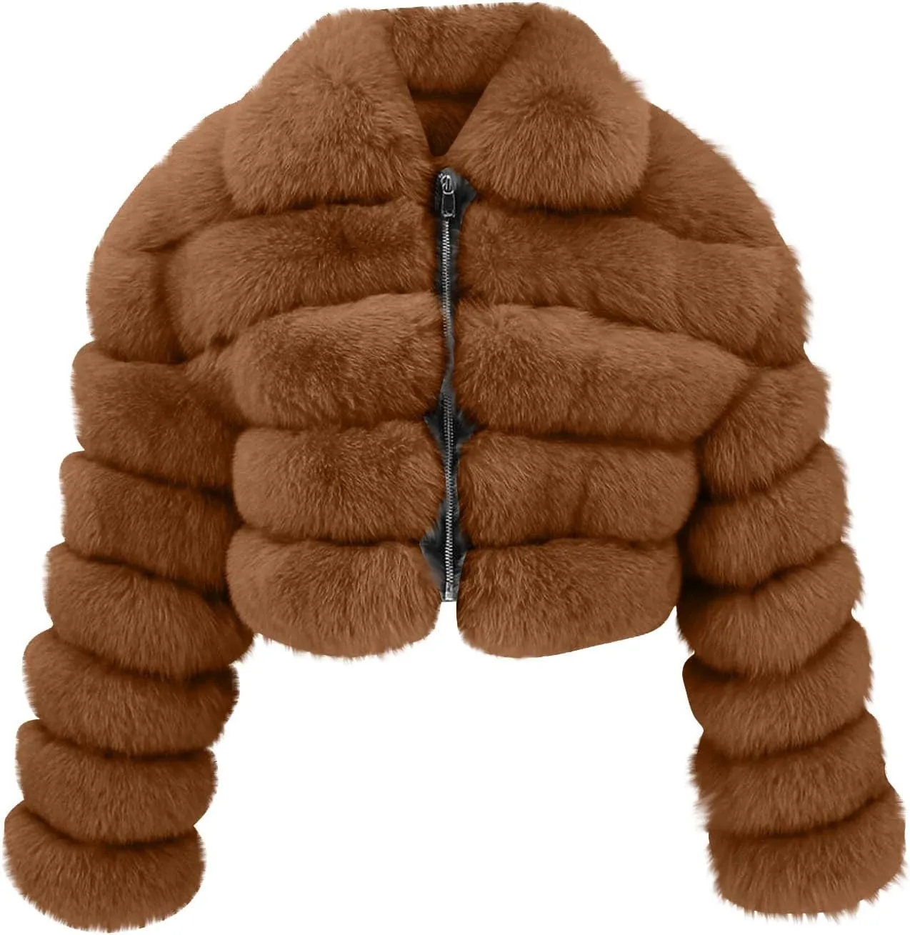 YRAETENM Womens Faux Fur Coat Trendy Zip Up Cropped Bubble Coats Long Sleeve Fleece Warm Short Winter Coats With Fuzzy Hoode