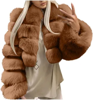 YRAETENM Womens Faux Fur Coat Trendy Zip Up Cropped Bubble Coats Long Sleeve Fleece Warm Short Winter Coats With Fuzzy Hoode