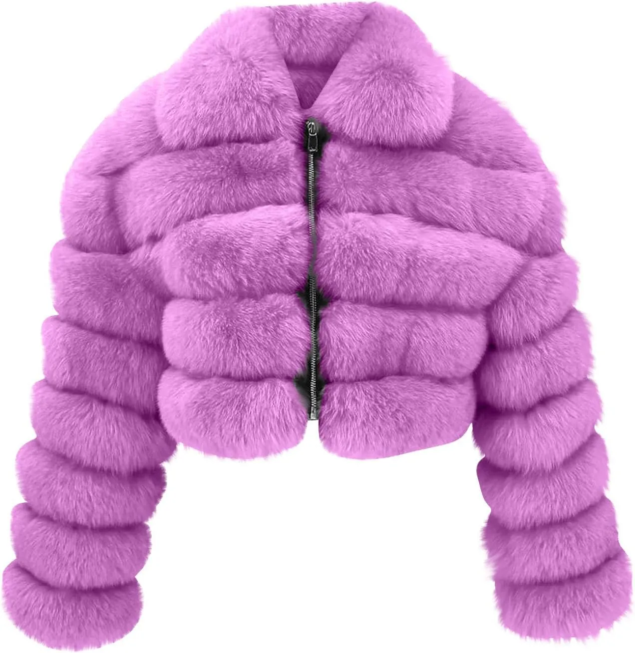 YRAETENM Womens Faux Fur Coat Trendy Zip Up Cropped Bubble Coats Long Sleeve Fleece Warm Short Winter Coats With Fuzzy Hoode