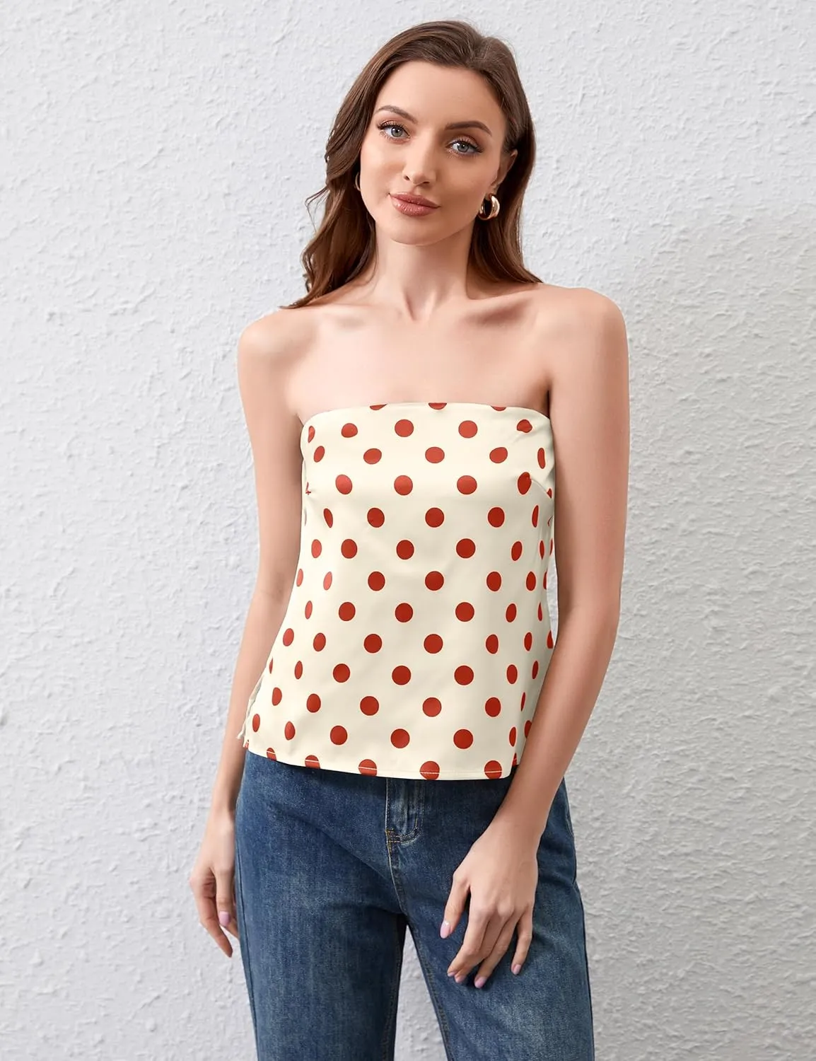 Ythomm Womens Polka Dot Satin Tube Tops Strapless Side Slit Backless Silk Tank Top Casual Bandeau Blouse Going Out Tank Shirt