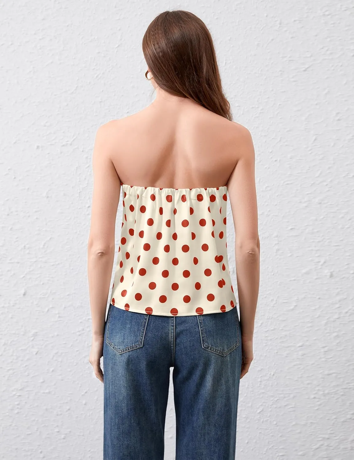 Ythomm Womens Polka Dot Satin Tube Tops Strapless Side Slit Backless Silk Tank Top Casual Bandeau Blouse Going Out Tank Shirt