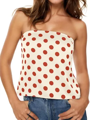 Ythomm Womens Polka Dot Satin Tube Tops Strapless Side Slit Backless Silk Tank Top Casual Bandeau Blouse Going Out Tank Shirt