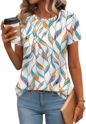 Zeagoo Womens Casual T Shirts for Summer 2025 Short Sleeve Crewneck Tunic Shirts Floral Print Tops Pleated Dressy Blouse