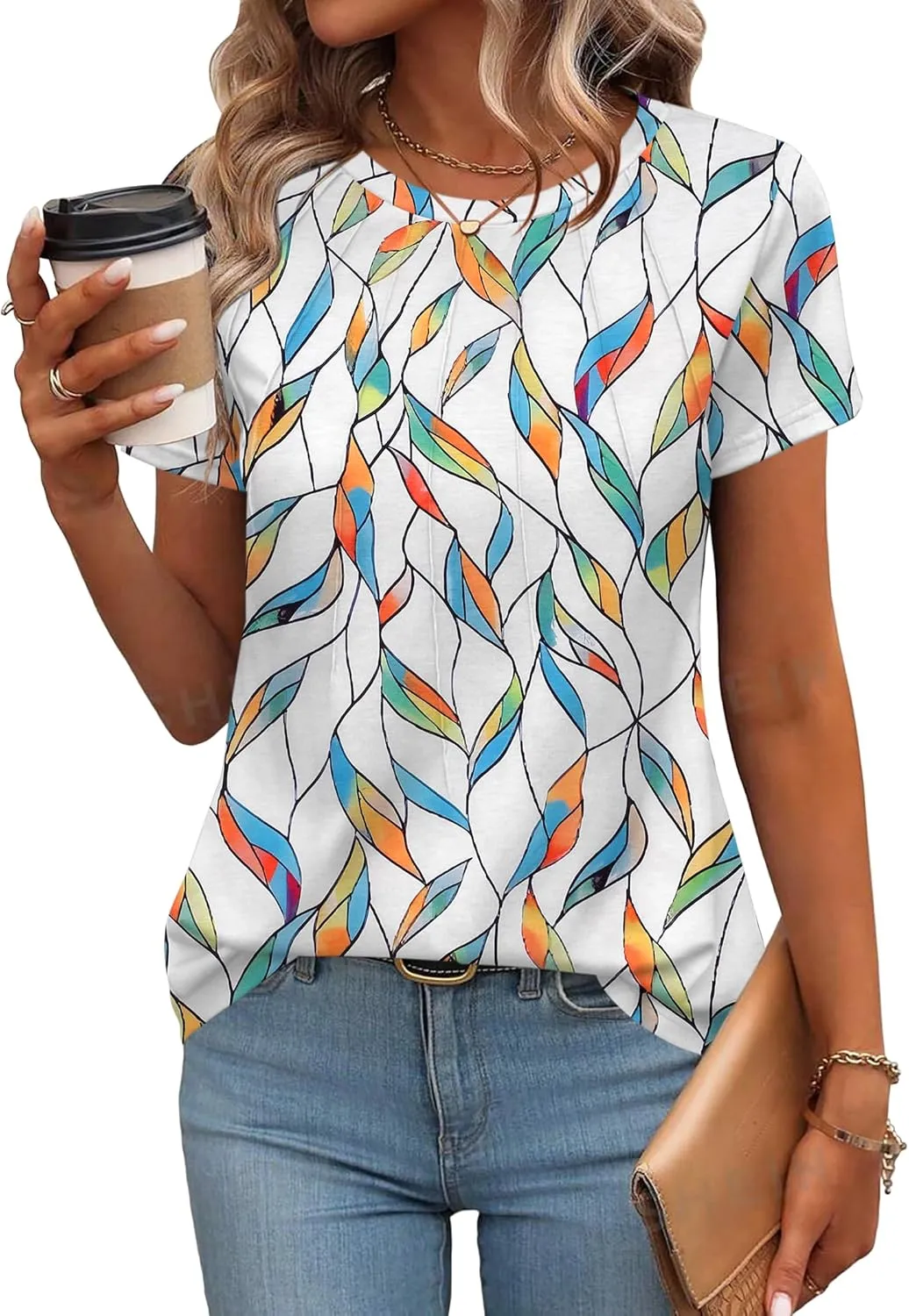 Zeagoo Womens Casual T Shirts for Summer 2025 Short Sleeve Crewneck Tunic Shirts Floral Print Tops Pleated Dressy Blouse