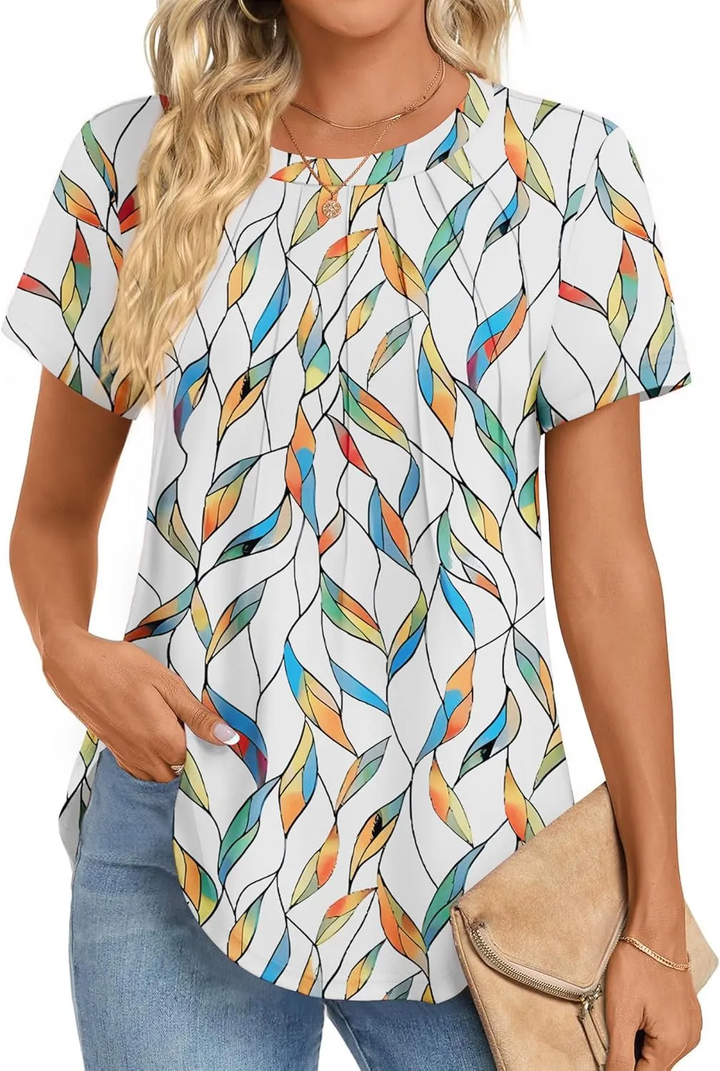 Zeagoo Womens Casual T Shirts for Summer 2025 Short Sleeve Crewneck Tunic Shirts Floral Print Tops Pleated Dressy Blouse