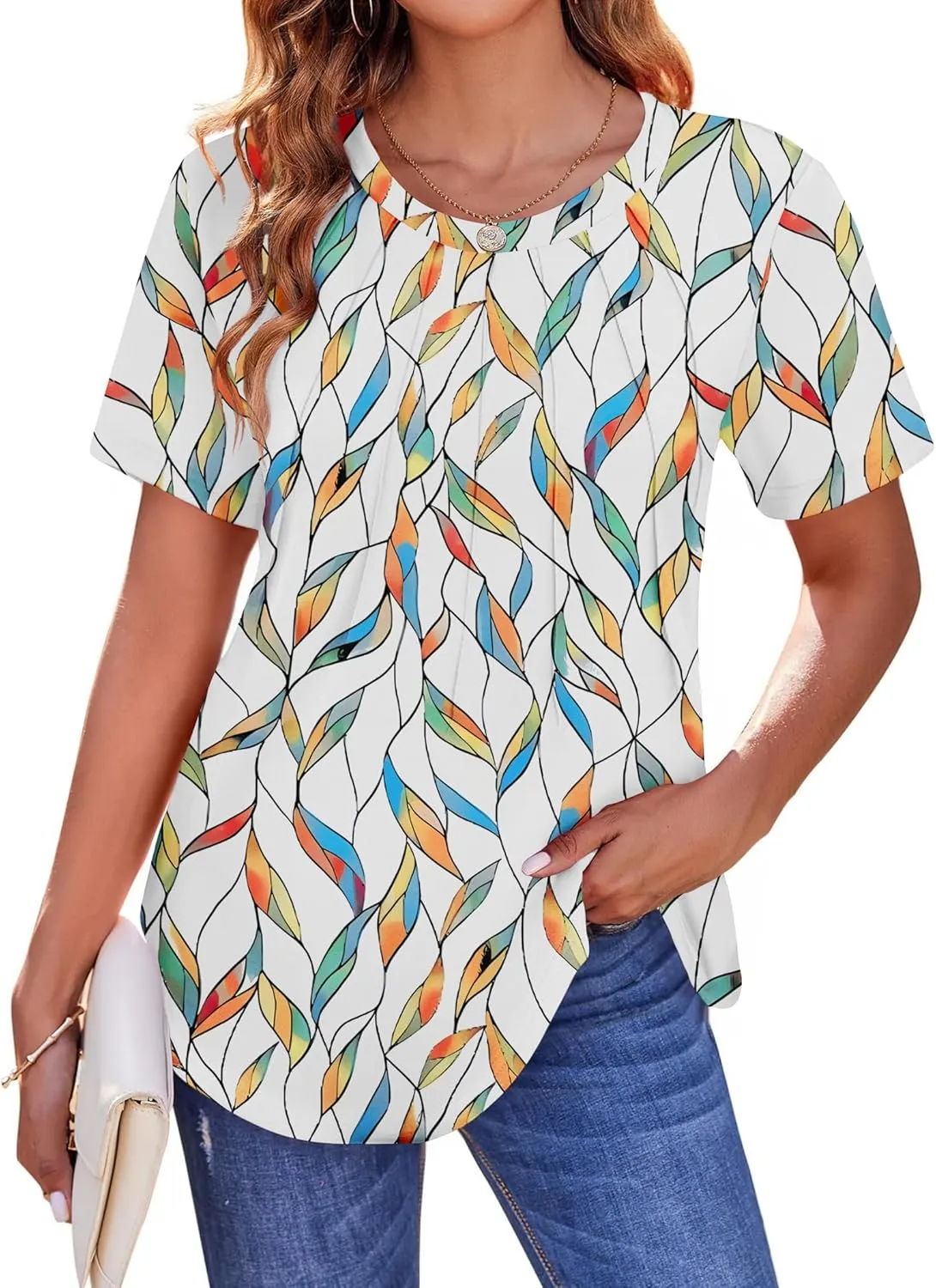 Zeagoo Womens Casual T Shirts for Summer 2025 Short Sleeve Crewneck Tunic Shirts Floral Print Tops Pleated Dressy Blouse