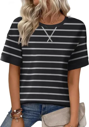 Zeagoo Womens Summer Tops Oversized Crewneck Short Sleeve T Shirts Casual Loose Fit Blouse Y2K 2025 Striped Basic Tee