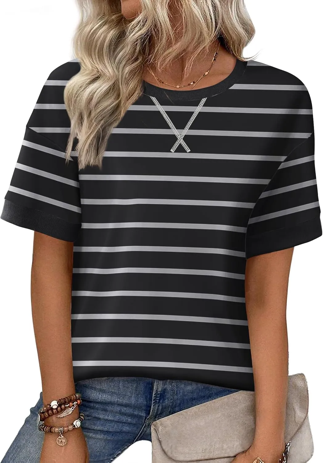 Zeagoo Womens Summer Tops Oversized Crewneck Short Sleeve T Shirts Casual Loose Fit Blouse Y2K 2025 Striped Basic Tee