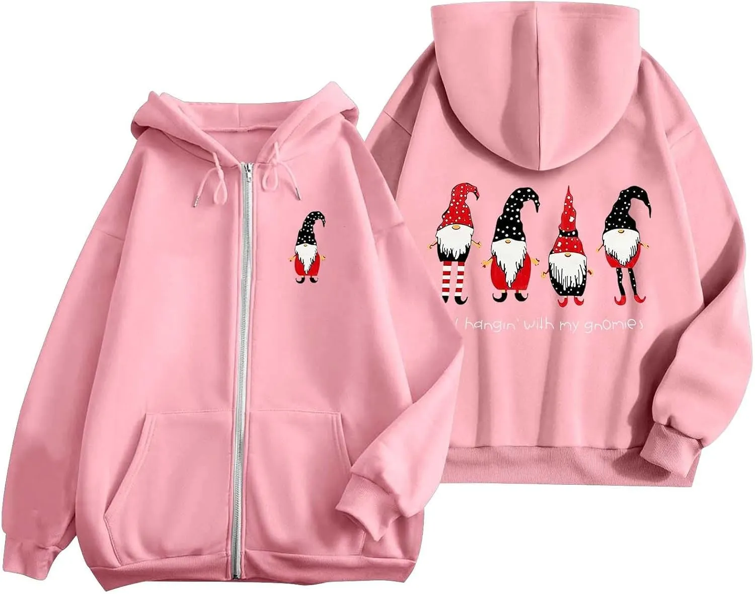 Zip Up Hoodie Women Oversized Christmas Santa Long Sleeve Crewneck Jacket Drawstring Hoodies with Pockets