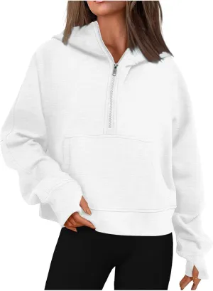 Zip Up Hoodie Women,2024 Fall Thumb Hole Half Zip Sweatshirts Fleece Jackets Tops Oversized Pullover With Pockets