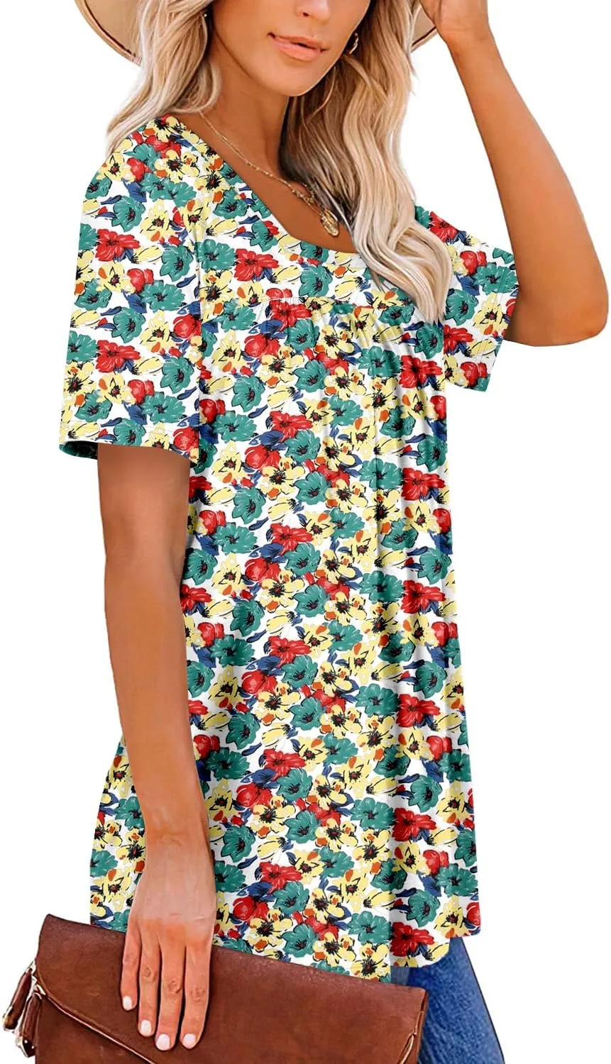 ZOLUCKY Womens Plus Size Short Sleeve Boho Tops Trendy Shirts Loose Fit Blouse Summer Tunic Top for Women S-3XL