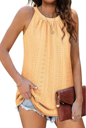 Zwurew Tank Top for Women Loose Fit High Neck Sleeveless Halter Tops Casual Pleated Eyelet Summer Flowy Cami Shirts Blouse